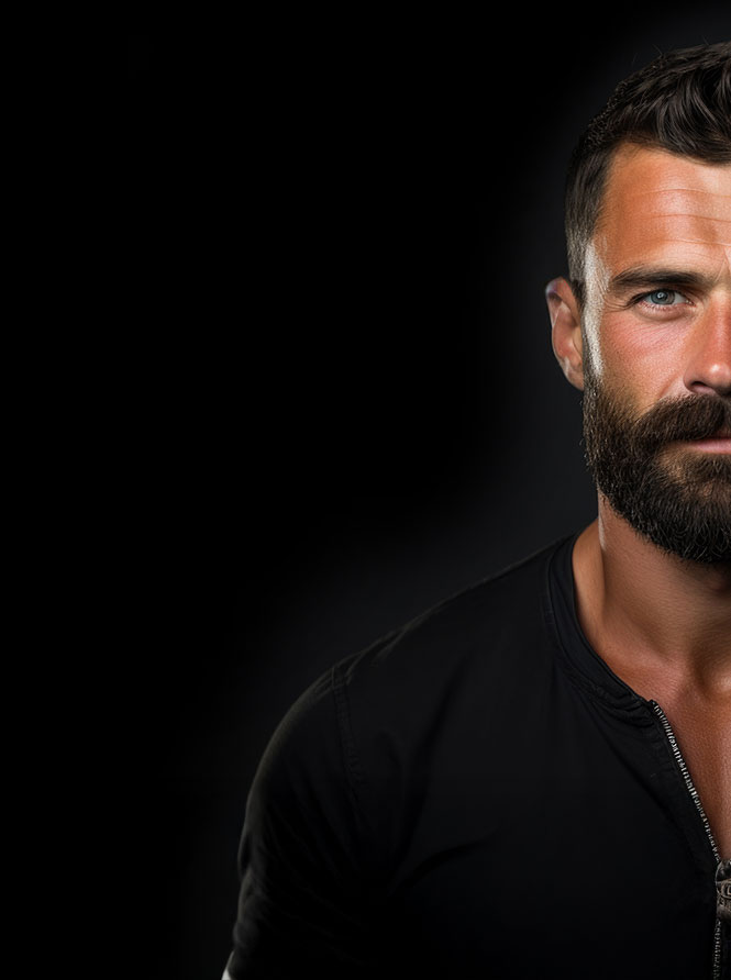 Atletisk mann i svart trøye mot mørk bakgrunn