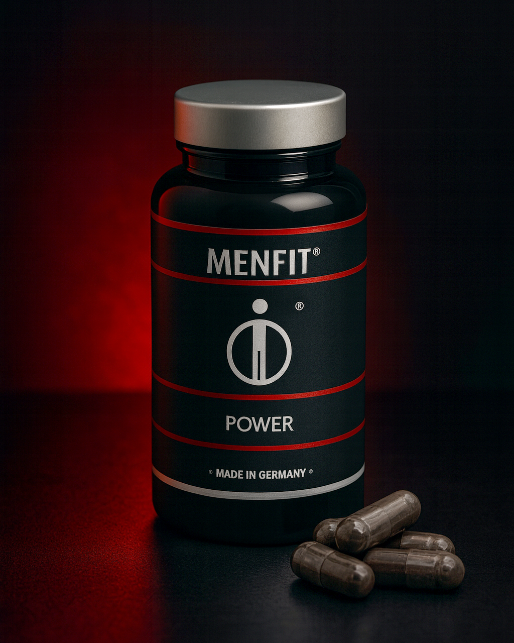 MENFIT Power produktboks med kapsler på mørk bakgrunn med rød belysning